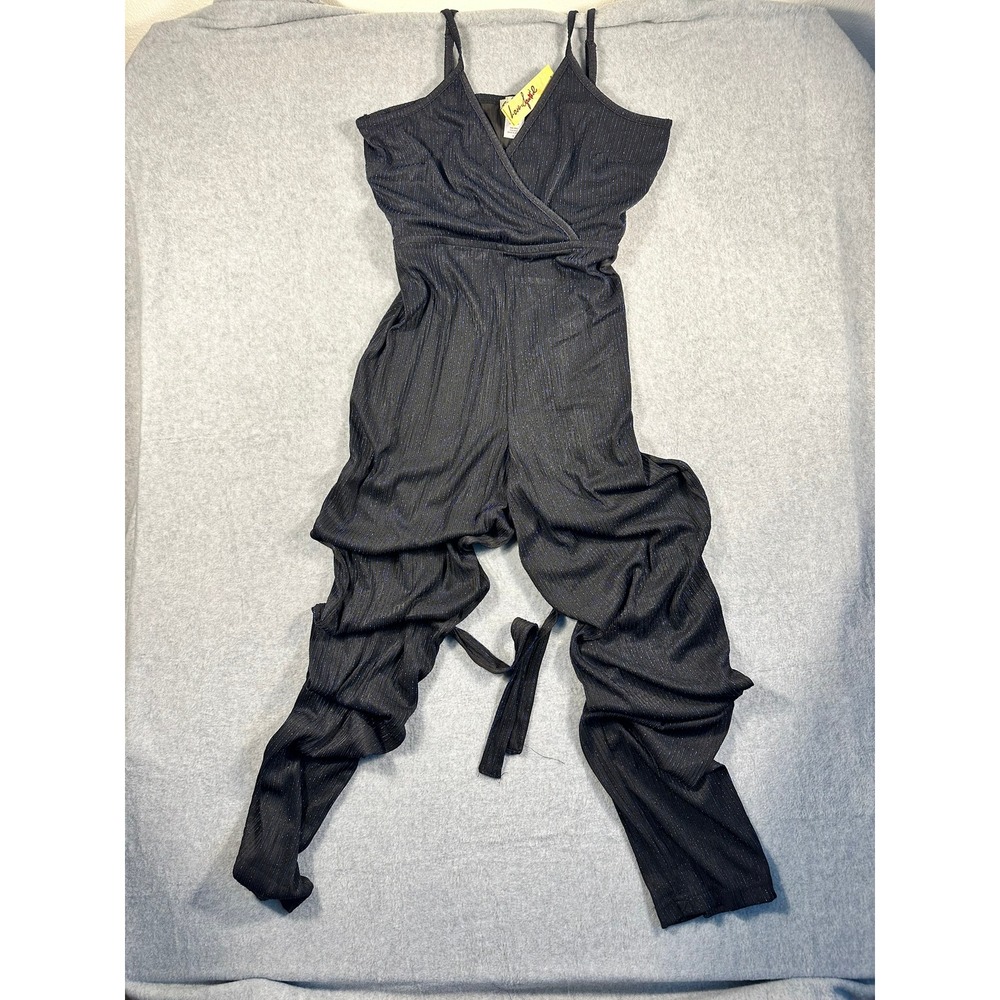 Love Squared Black Blue Metallic Stripe Jumpsuit XL NWT Tie Waist Sparkle